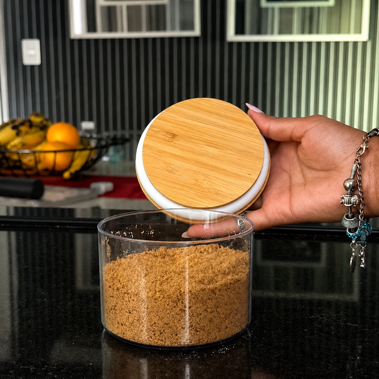Pote Hermético de Vidro Redondo 450ml com Tampa de Bambu